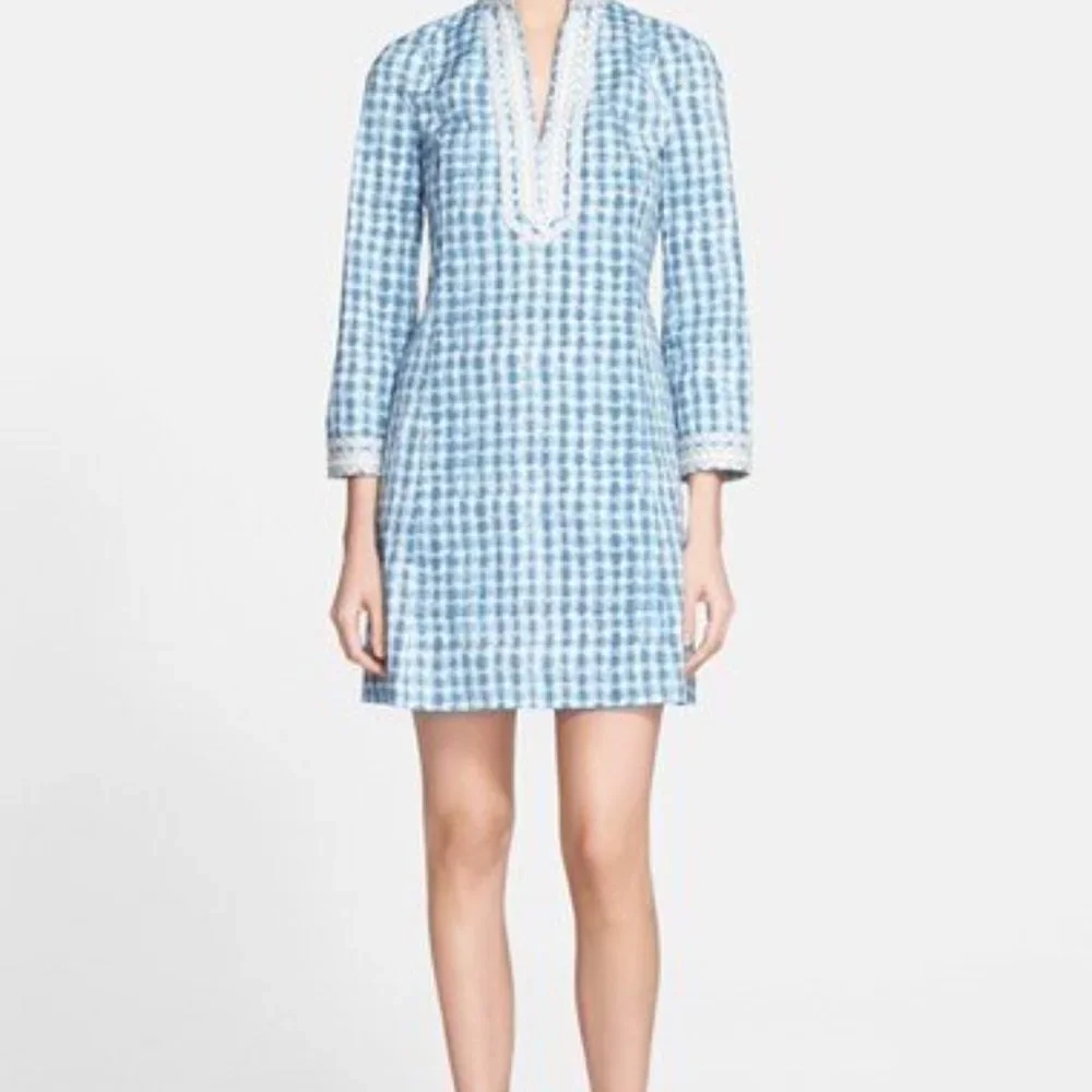 Tory Burch Blue Sonda Tie-Dye Stretch Tunic Mini Dress Size 2 Tunic Caftan Boho - Picture 2 of 13